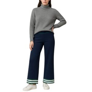 Caroline Constas Navy Blue Wide Leg Pants Thick Knit Green White Stripe Size S